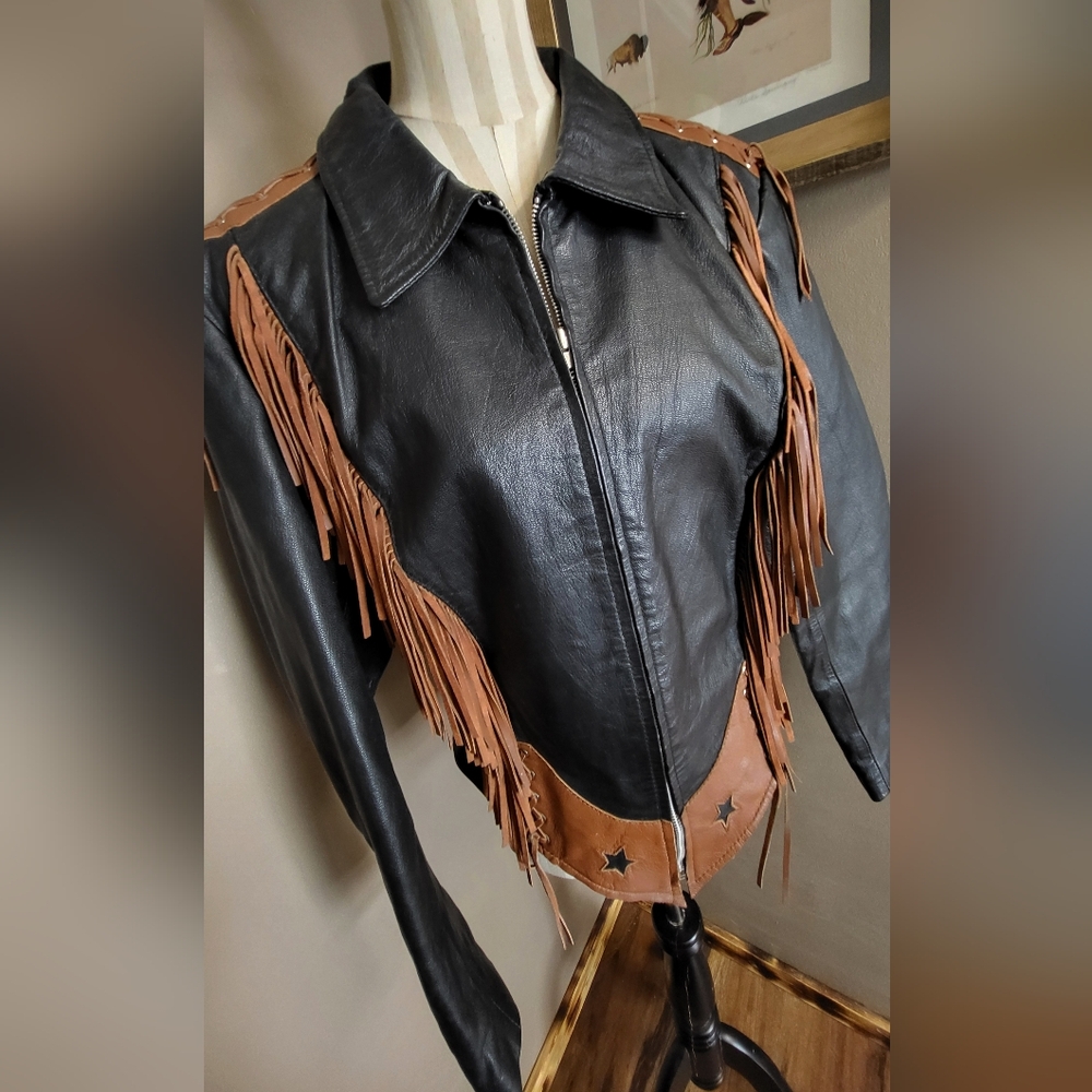 Women XL Leather RANGEWEAR Fringe & Stars Coat Black Brown Western Zipper